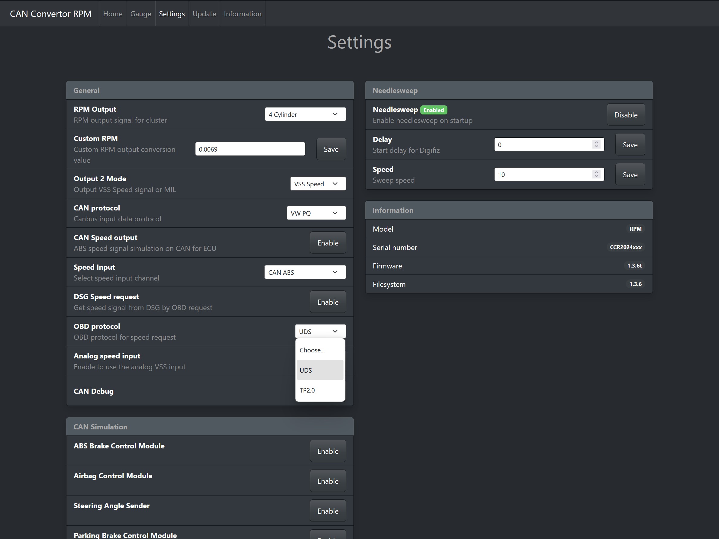 CAN Convertor RPM Settings Configuration